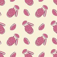 Strawberry cookies seamless pattern with pink macaroons cakes and cookies on cream background. vector