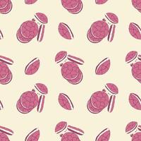 Strawberry cookies seamless pattern with pink macaroons cakes and cookies on cream background. vector