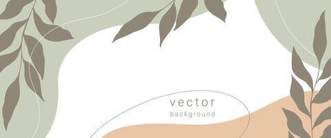 Elegant horizontal banner background with pastel colors and abstract leaves and shapes, boho style, spring backdrop. vector