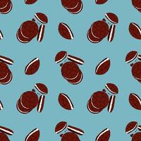 Pattern with Cookies on blue background, chocolate cookies with cream filling, hand drawn doodle. For packaging design. vector