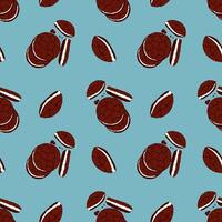 Pattern with Cookies on blue background, chocolate cookies with cream filling, hand drawn doodle. For packaging design. vector