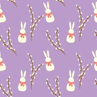 Pattern of white Bunny and willow branches on soft purple background, Easter design. vector