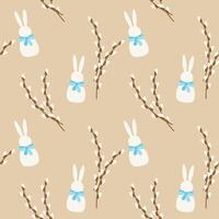 Pattern of white Bunny and willow branches on soft beige background, Easter design. vector