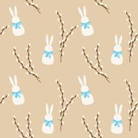 Pattern of white Bunny and willow branches on soft beige background, Easter design. vector