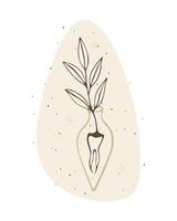 Mysterious magical poison. Illustration of an unreal plant emerging from the root of tooth on motley beige background, potion, taro, witchcraft bottle with crystals. Vector illustration