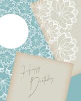 elegante cumpleaños tarjeta diseño con blanco redondo cordón y antiguo escrito saludo. vector