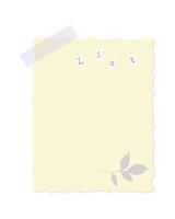 Digital scrapbooking element yellow sticky note with template list and leaf imprint, attached with tape, for vintage design collage. vector