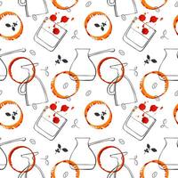 Coffee pattern design with glasses for coffee and whiskey, watercolor round stains and prints of coffee or wine on white tablecloth, restaurant cafe bar menu design. vector