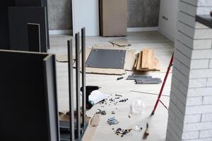 Assembling furniture installation of shelves with new apartment a shelf new home construction of interior room photo