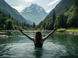 ai generado niña levantamiento su brazos contemplando el lago y el montañas, Europa foto