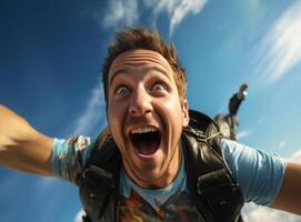 AI Generated screaming happy young man over blue sky photo