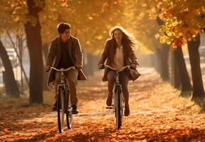 AI Generated Active seniors on bikes in autumn nature photo