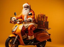 AI Generated Profile side view of his he nice funny cheery white-haired St Nicholas riding moped hurry up rush delivering bringing pile stack giftboxes isolated bright vivid shine vibrant yellow color photo