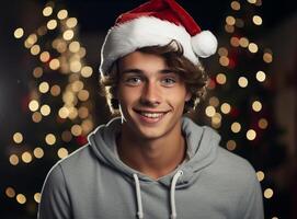 ai generado nuevo año y Navidad celebracion. retrato de un sonriente hermoso joven hombre en un rojo de santa gorra en un lujo Navidad habitación. foto