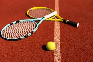tennis racket with tennis balls on a tennis court photo