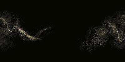 Collection of glittering stars with golden shimmering swirls, shiny glitter design. Magical motion, sparkling lines on a black background. vector