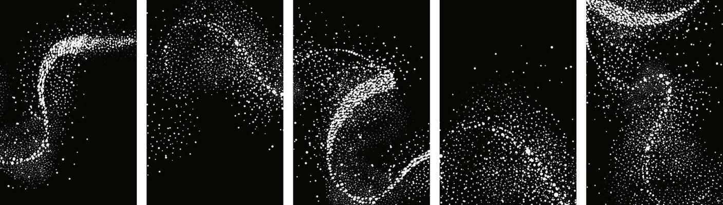 Collection of glittering stars with golden shimmering swirls, shiny glitter design. Magical motion, sparkling lines on a black background.