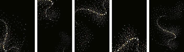 Collection of glittering stars with golden shimmering swirls, shiny glitter design. Magical motion, sparkling lines on a black background. vector