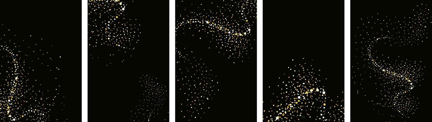 Collection of glittering stars with golden shimmering swirls, shiny glitter design. Magical motion, sparkling lines on a black background.