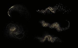 Collection of glittering stars with golden shimmering swirls, shiny glitter design. Magical motion, sparkling lines on a black background. vector