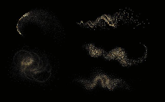 Collection of glittering stars with golden shimmering swirls, shiny glitter design. Magical motion, sparkling lines on a black background.