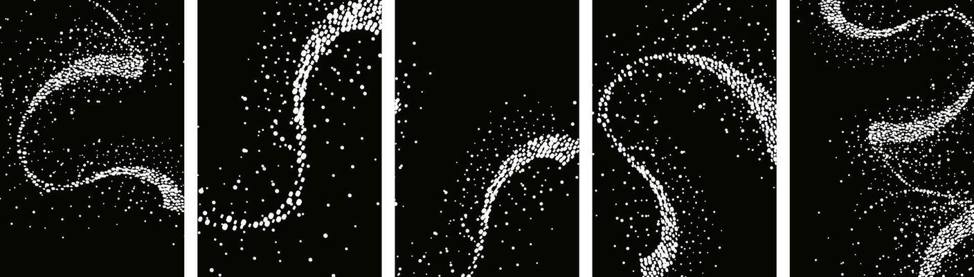 Collection of glittering stars with golden shimmering swirls, shiny glitter design. Magical motion, sparkling lines on a black background.