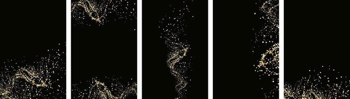 Collection of glittering stars with golden shimmering swirls, shiny glitter design. Magical motion, sparkling lines on a black background. vector