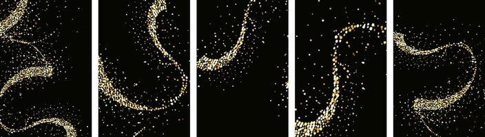 Collection of glittering stars with golden shimmering swirls, shiny glitter design. Magical motion, sparkling lines on a black background. vector