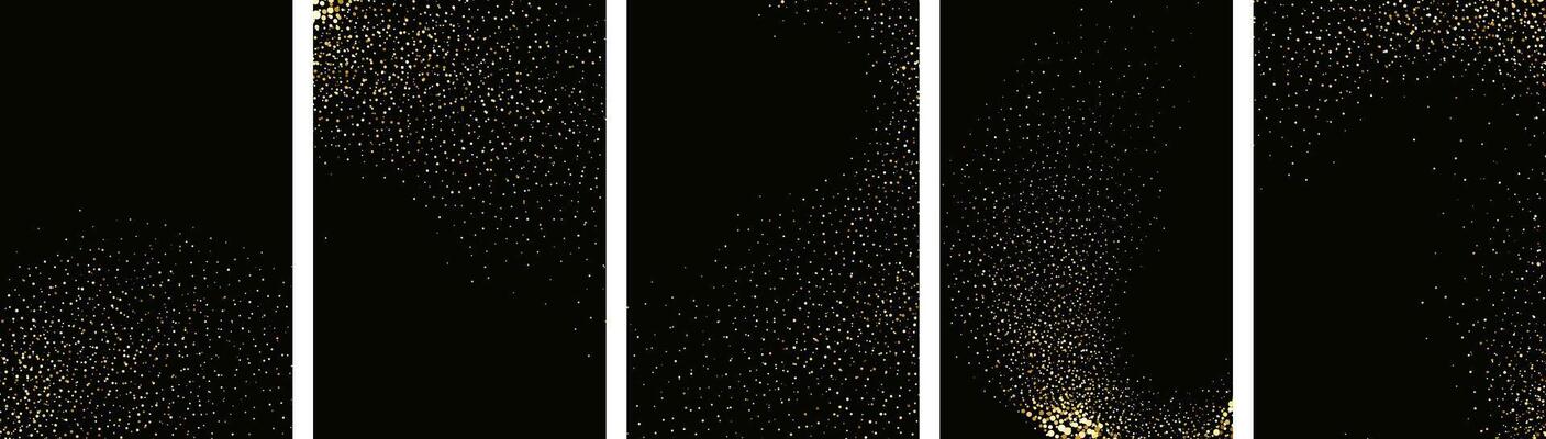 Collection of glittering stars with golden shimmering swirls, shiny glitter design. Magical motion, sparkling lines on a black background.