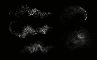 Collection of glittering stars with golden shimmering swirls, shiny glitter design. Magical motion, sparkling lines on a black background. vector