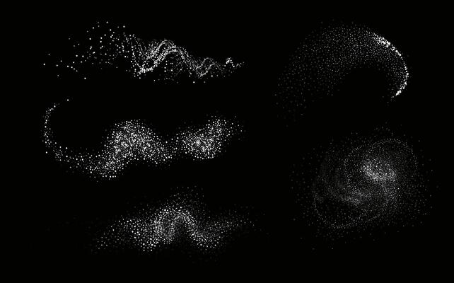 Collection of glittering stars with golden shimmering swirls, shiny glitter design. Magical motion, sparkling lines on a black background.