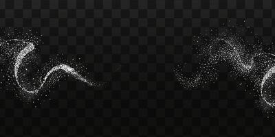 Collection of glittering stars with golden shimmering swirls, shiny glitter design. Magical motion, sparkling lines on a black background. vector