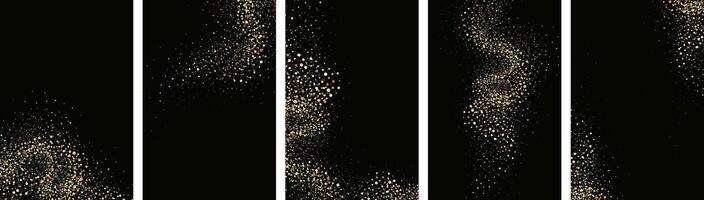 Collection of glittering stars with golden shimmering swirls, shiny glitter design. Magical motion, sparkling lines on a black background. vector