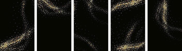 Collection of glittering stars with golden shimmering swirls, shiny glitter design. Magical motion, sparkling lines on a black background. vector