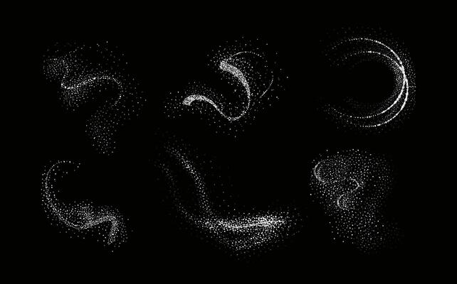 Collection of glittering stars with golden shimmering swirls, shiny glitter design. Magical motion, sparkling lines on a black background.