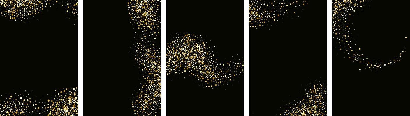 Collection of glittering stars with golden shimmering swirls, shiny glitter design. Magical motion, sparkling lines on a black background.