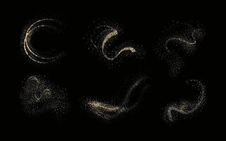 Collection of glittering stars with golden shimmering swirls, shiny glitter design. Magical motion, sparkling lines on a black background. vector