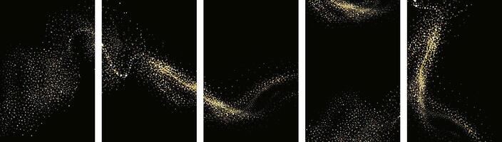 Collection of glittering stars with golden shimmering swirls, shiny glitter design. Magical motion, sparkling lines on a black background. vector