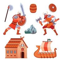 Collection of cartoon viking elements isolated on white background vector