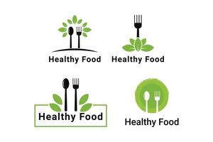 Healthy food logo design concept with spoon and fork with leaf green set collection vector