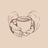 Realistic drawing of beautiful hands holding a mug with a hot beverage. Vector illustration isolated.