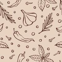 Seamless pattern with herbs and spices. Hand drawn vector illustration in sketch style.