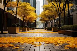 AI Generated Fall leaves on the sidewalk photo