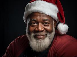 ai generado retrato de mayor africano americano hombre vistiendo un disfraz de Papa Noel claus y participación regalos, mirando a cámara y sonriente. calidad familia hora Navidad celebracion. foto