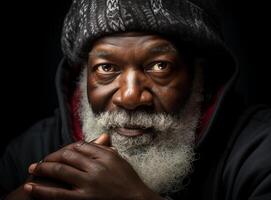 ai generado retrato de mayor africano americano hombre vistiendo un disfraz de Papa Noel claus y participación regalos, mirando a cámara y sonriente. calidad familia hora Navidad celebracion. foto