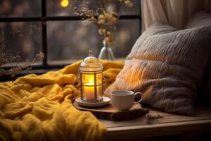 AI Generated Holders with burning candles, cup of tea and flowers on bed photo