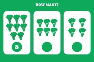 Counting game for kids. How many broccoli are there Educational worksheet design for children. vector