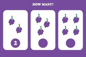 Counting game for kids. How many grape are there Educational worksheet design for children. vector