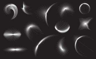 A set of abstract iconic light effect circle shapes on an black background, set of numbers and stars, set of bubble and twirl star splashes effect symbols icon line art, vector