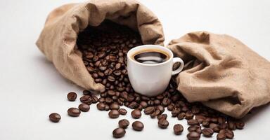 AI generated cup of coffee and coffee beans in a sack, top view white background photo